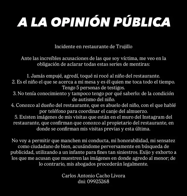 El estilista aclaró que no agredió al niño y que no tenía conocimiento de su condición. Defendió su honor y exigió pruebas de las acusaciones en su contra. El estilista aclaró que no agredió al niño y que no tenía conocimiento de su condición. Defendió su honor y exigió pruebas de las acusaciones en su contra.