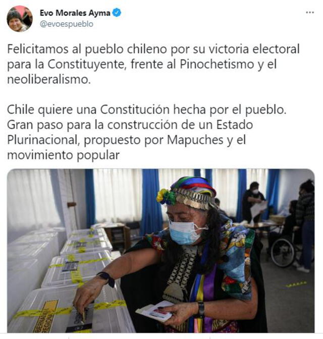 Morales felicitó a los chilenos por los resultados obtenidos en la última jornada electoral. Foto: captura Twitter