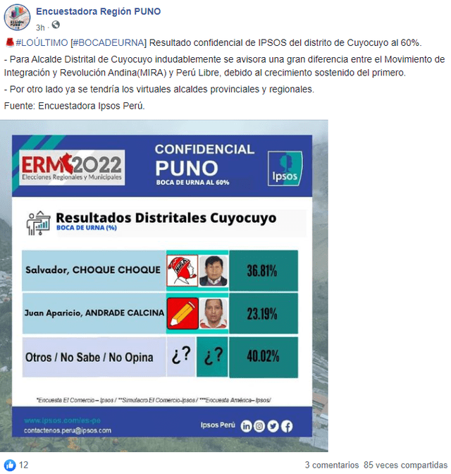 Encuesta falsa atribuida a Ipsos en Cuyocuyo. Foto: Captura del 2 de octubre de 2022.