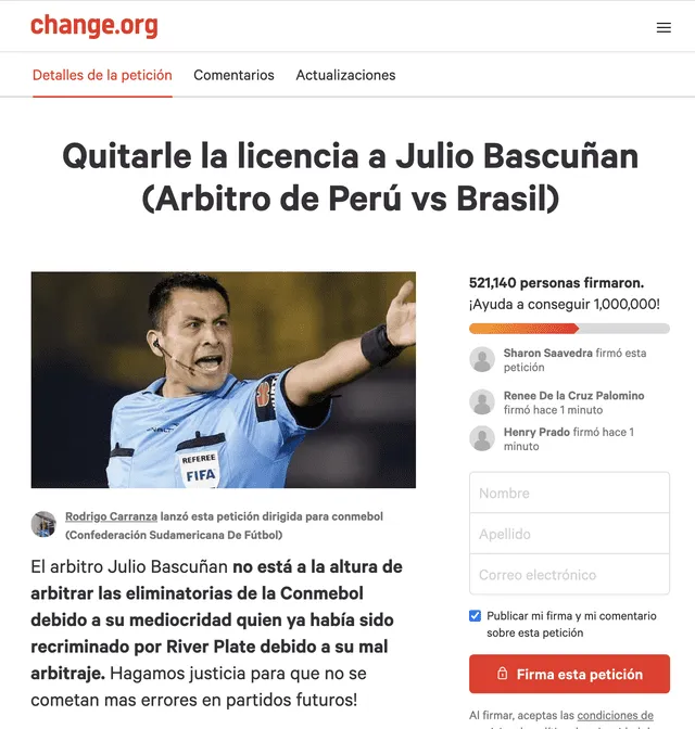 Petición en Change.org para quitarle la licencia a Julio Bascuñán. Foto: Captura.