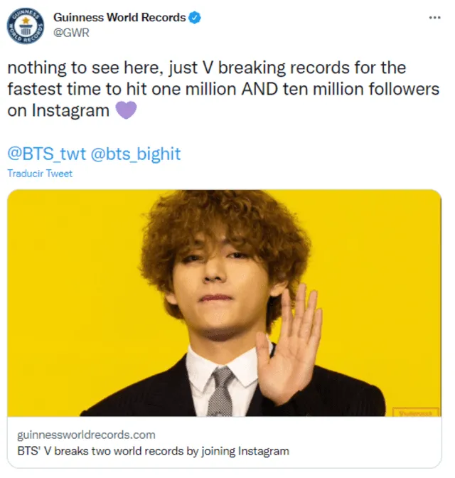 Publicación en Twitter de Guinness World Records sobre Taehyung de BTS. Foto: captura/Twitter