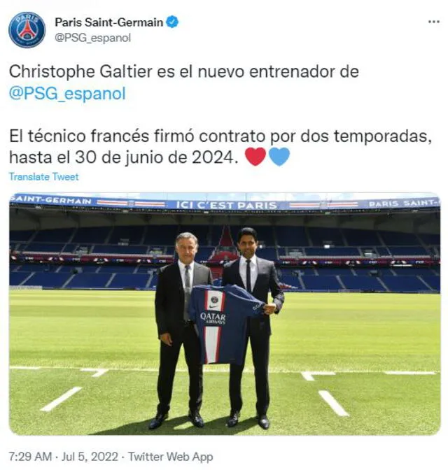 Publicación PSG anunciando al nuevo técnico del equipo. Foto: captura Twitter