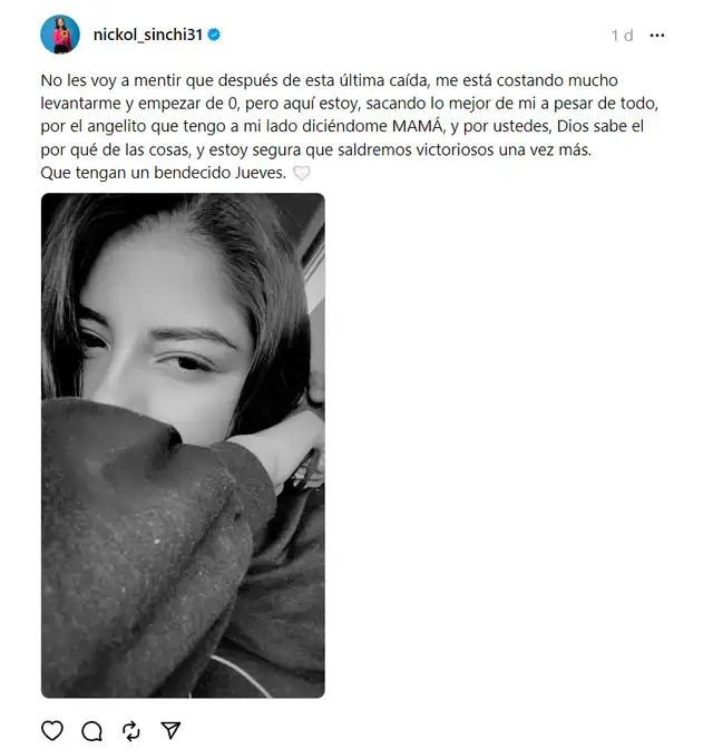 El mensaje de Nickol Sinchi en redes sociales. Foto: Instagram   