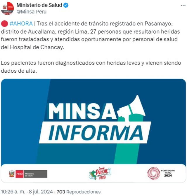 Comunicado del Ministerio de Salud. Foto: X/Minsa   