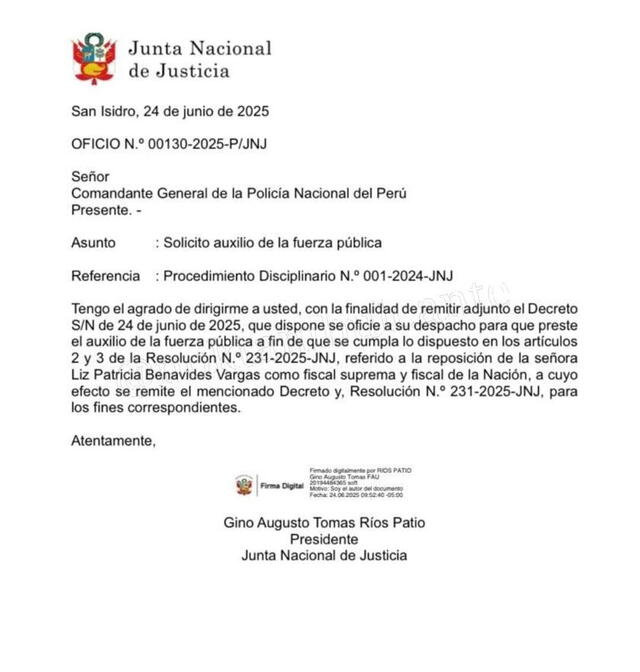 Comunicado de la JNJ dirigido al Comandante General de la PNP. Foto: JNJ Comunicado de la JNJ dirigido al Comandante General de la PNP. Foto: JNJ