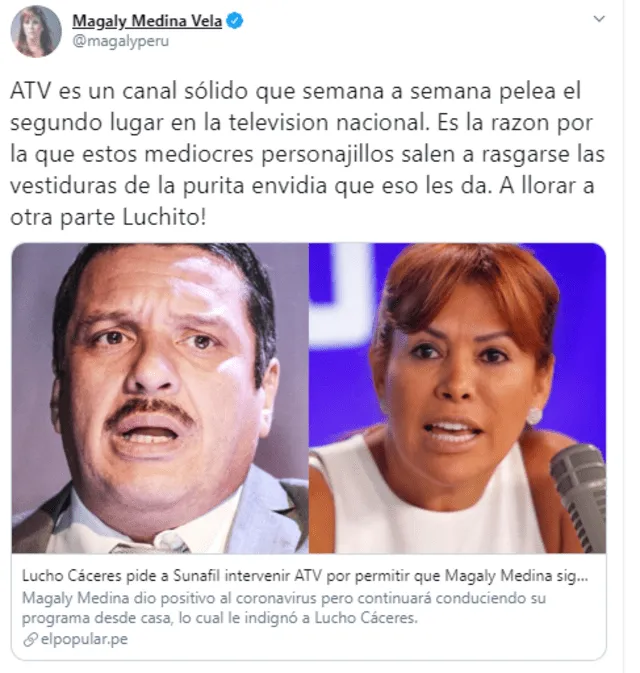 Magaly Medina llama mediocre a Lucho Cáceres por denunciar que ATV expone a sus trabajadores al coronavirus. Foto: Captura Twitter.