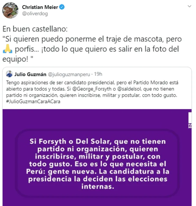 El mensaje de Christian Meier a Julio Guzmán.Foto: Captura Twitter.