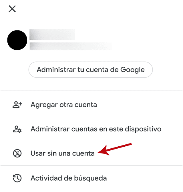 La opción "Usar sin una cuenta" dentro de los ajustes de Google Search.