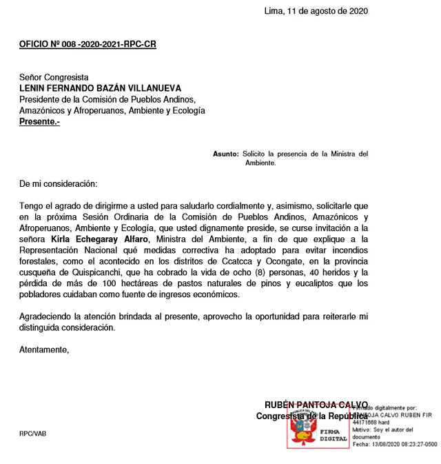 Solicitan citar a ministra del Ambiente en Comisión de Pueblos Amazónicos.