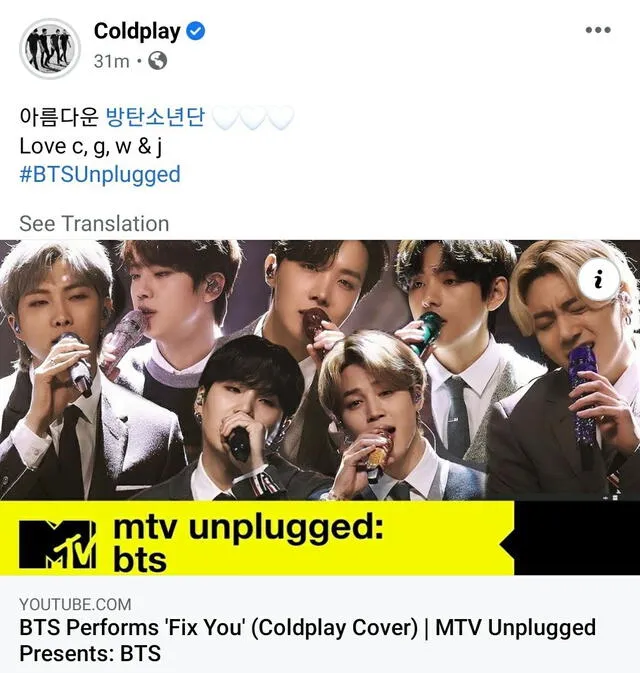 Coldplay agradece homenaje de BTS en MTV Unplugged. Foto: captura Facebook