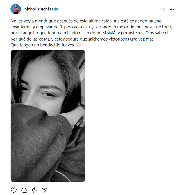 El mensaje de Nickol Sinchi en redes sociales. Foto: captura/nickol_sinchi31/Instagram   