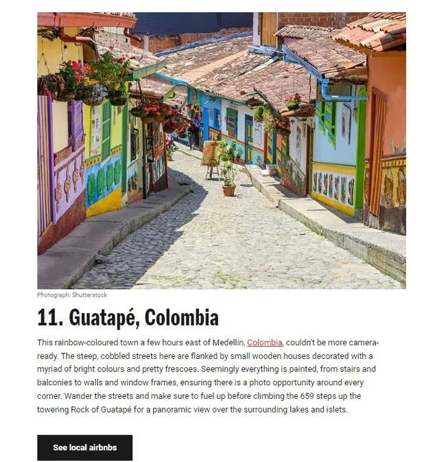  Guatapé ocupó el puesto 11 del ranking. Foto: captura de Time Out 2024<br>    