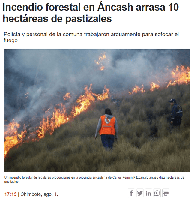  Foto relacionada a un incendio forestal en Perú fue publicada en 2019. Foto: captura en web / Andina.&nbsp;<br><br>    