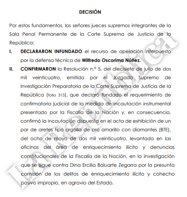  Resolución judicial sobre recurso de apelación presentado por Wilfredo Oscorima.   