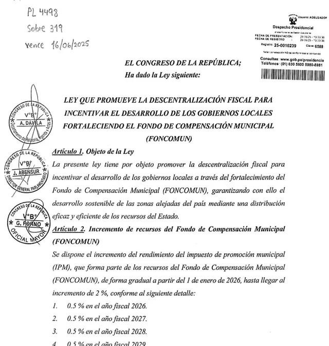 El Foncomun se incrementará de forma gradual desde el 2026, según la autógrafa de ley que remitió el Congreso al Poder Ejecutivo. Foto: Congreso El Foncomun se incrementará de forma gradual desde el 2026, según la autógrafa de ley que remitió el Congreso al Poder Ejecutivo. Foto: Congreso