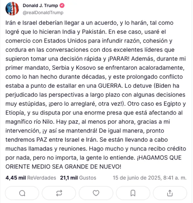 Donald Trump dijo que el conflicto entre Irán e Israel pronto llegará a su fin. Donald Trump dijo que el conflicto entre Irán e Israel pronto llegará a su fin.