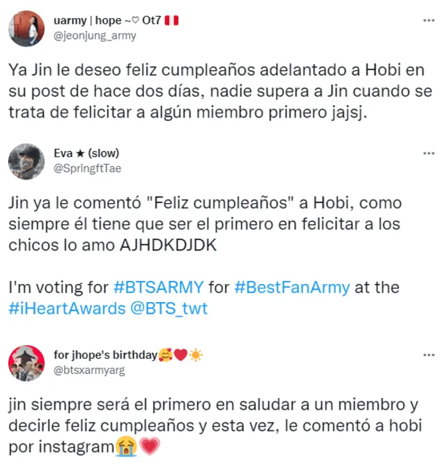 Reacción de ARMY por el saludo de cumpleaños de Jin para J-Hope. Foto: captura/Twitter