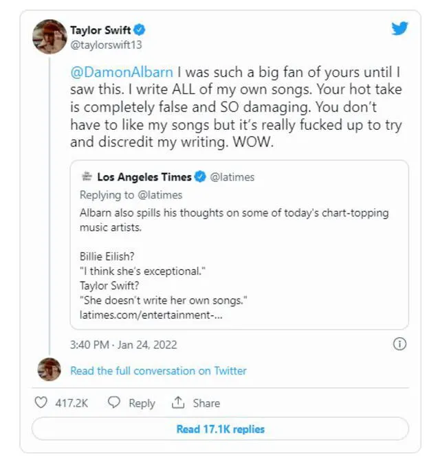 Swift admitió sentirse decepcionada y aclaró que ella escribe todas sus canciones