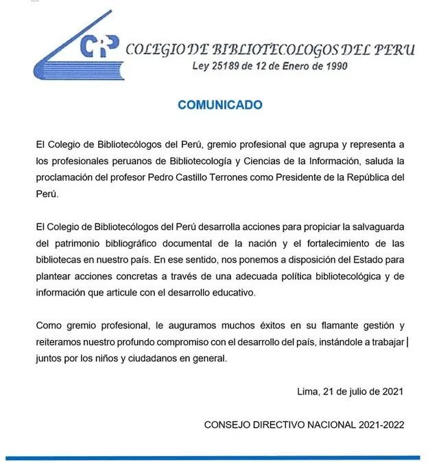 Comunicado del Colegio de Bibliotecólogos del Perú.