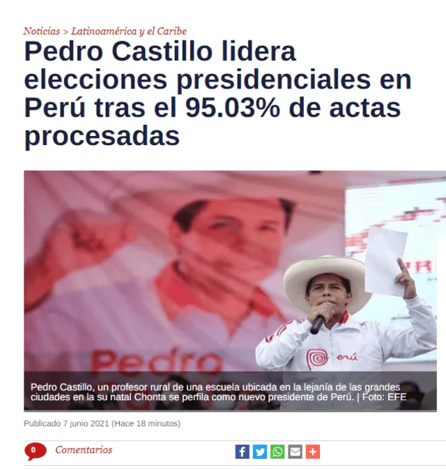 Publicación del portal Telesur sobre los resultados de las elecciones en Perú. Foto: captura web