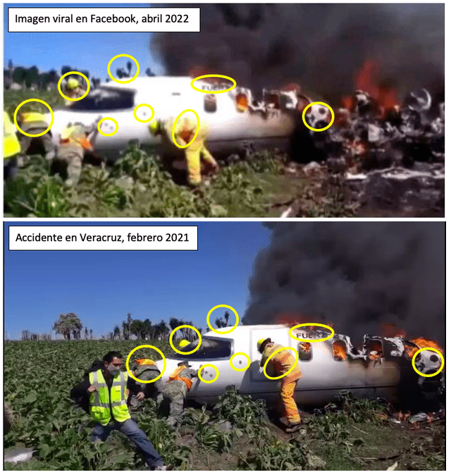 Comparación entre el supuesto accidente difundido en Facebook en abril de 2022 (arriba) y el accidente de la Fuerza Aérea de México (abajo). Fuente: Composición LR, Facebook, Airlive.