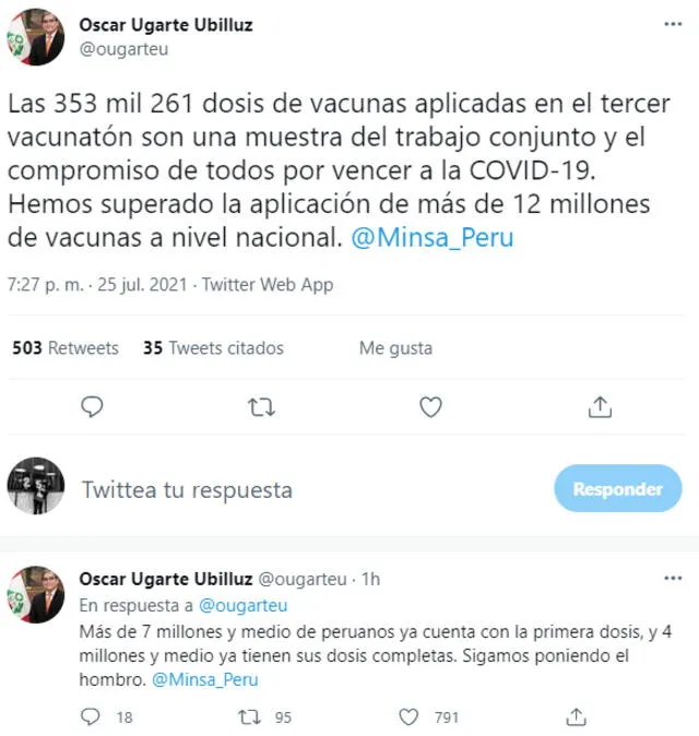 Ministro Óscar Ugarte celebró que más de 12 millones de ciudadanos ya han sido vacunados contra la COVID-19. Foto: Minsa