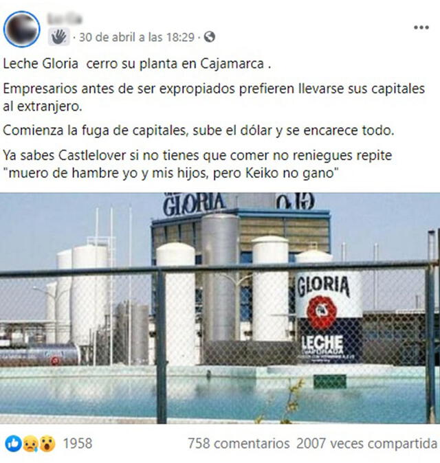 Viral alerta que “Leche Gloria cerró su planta en Cajamarca”. Foto: captura en Facebook.