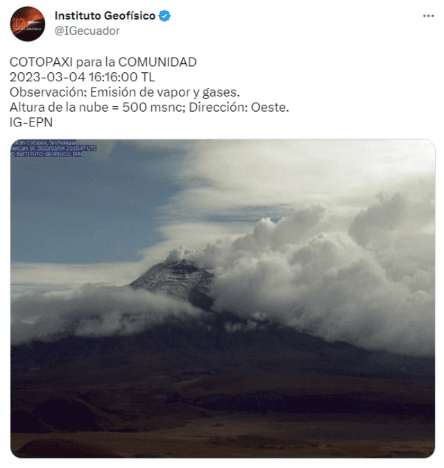  Último informe del volcán Cotopaxi hoy, 4 de marzo de 2023. Foto: Twitter/IGecuador   