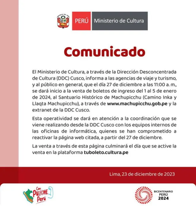 Comunicado del Ministerio de Cultura. Foto: Mincul   