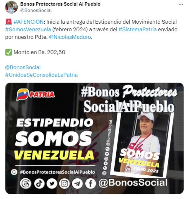 Anuncio del Bono Somos Venezuela 2024 para febrero. Foto: Bonos Protectores Social Al Pueblo   