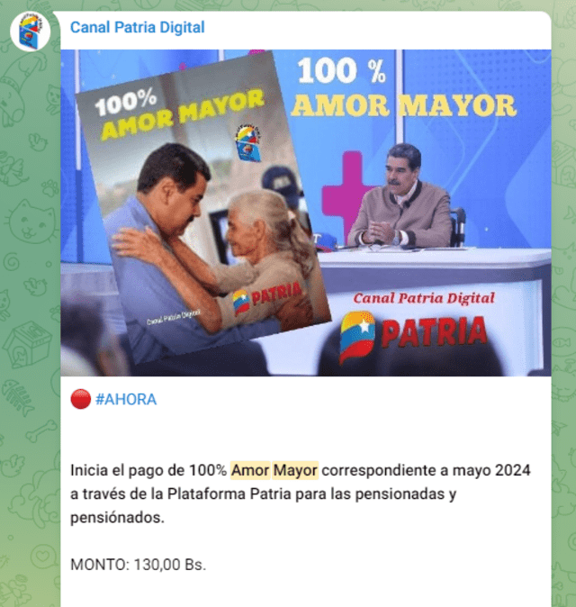 Anuncio de la pensión Amor Mayor de mayo 2024. Foto: Canal Patria Digital/Telegram