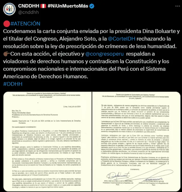 Boluarte y Soto enviaron una carta de rechazo a la Corte IDH respecto a la resolución que instaba a las autoridades a promulgar la denominada 'Ley de Amnistía'. Foto: CNDDHH- X.   