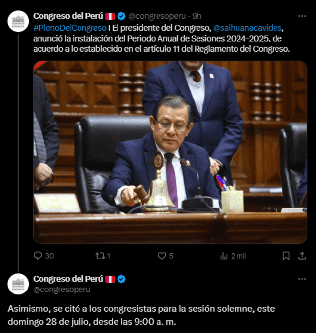 Anuncio se hizo oficial a través de las redes sociales del Congreso. Foto: Congreso del Perú.   