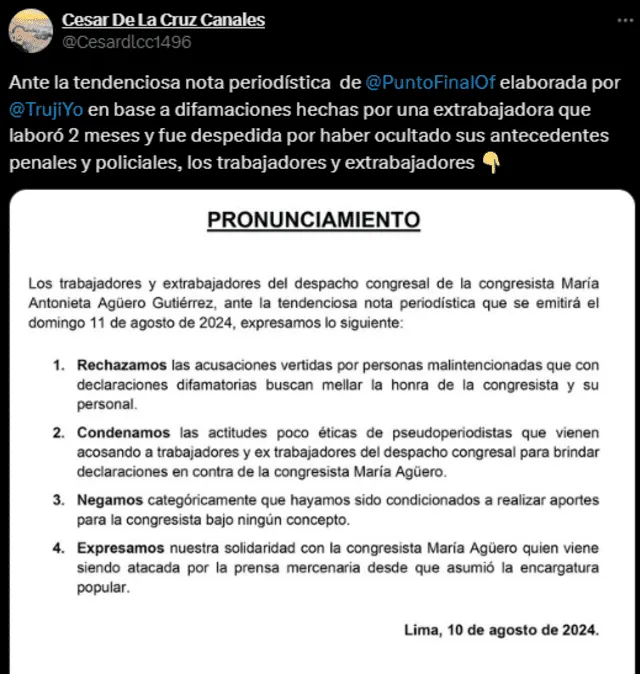 César de la Cruz señaló que los trabajadores de la congresista de Perú Libre no aportaron dinero a María Agüero. Foto: César De la Cruz 