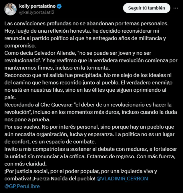 Pronunciamiento de Kelly Portalatino. Foto: x   