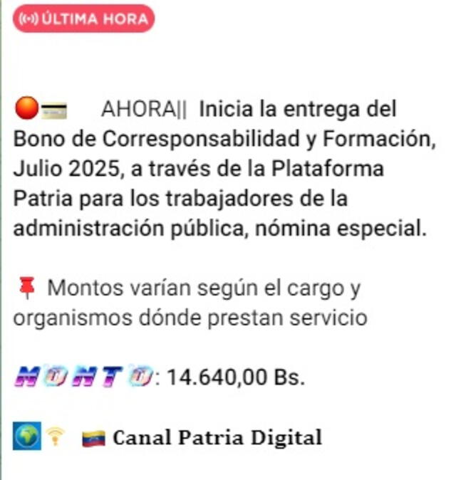 Anuncio del Bono Corresponsabilidad y Formación de julio 2025. Foto: Canal Patria Digital   