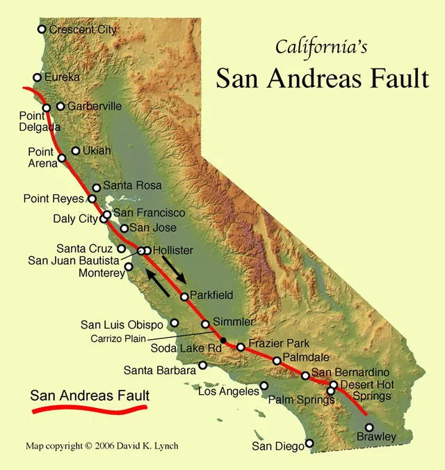 La Falla de San Andrés está bajo la superficie de diversas localidades de California, Estados Unidos. Fuente: David Lynch, Geoscience News and Information.