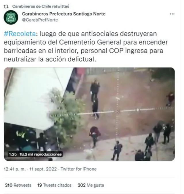 Carabineros reportó que antisociales destruyeran equipamiento del Cementerio General. Foto: @CarabPrefNorte/Twitter