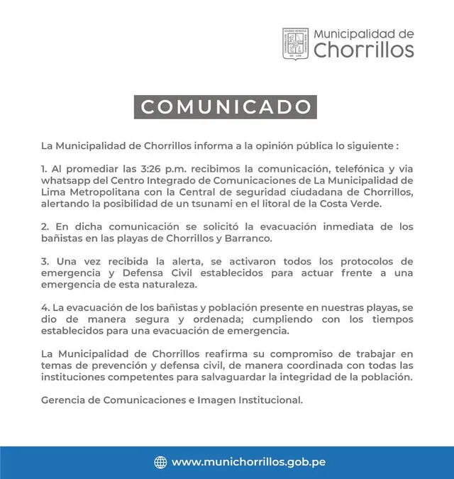 Comunicado de la Municipalidad de Chorrillos. Foto: Facebook