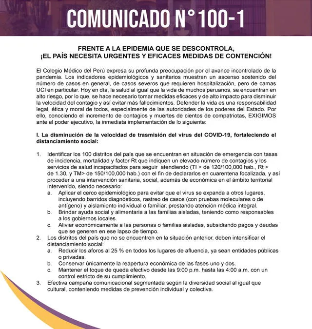 Comunicado del Colegio Médico del Perú. Foto: Twitter / CMP