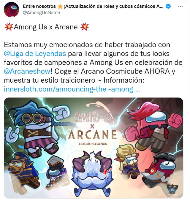 La cuenta de actualizaciones de Among Us también anunció la nueva colaboración entre los juegos. Foto: Twitter.