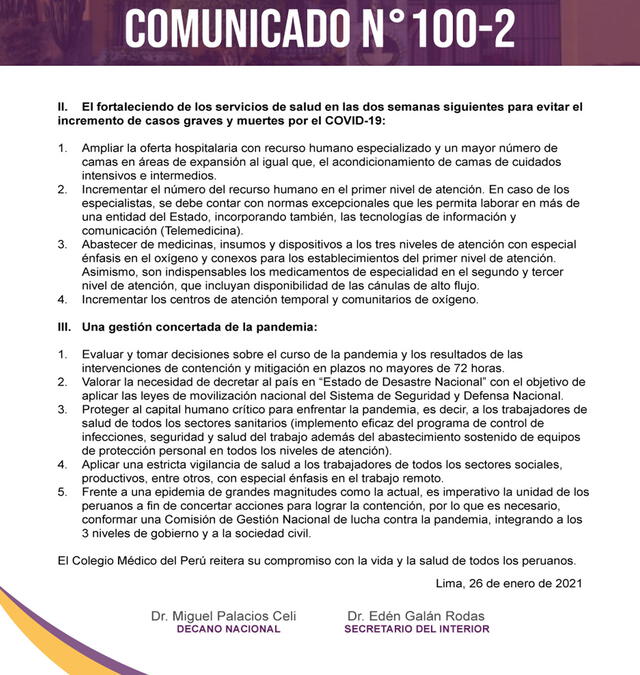 Comunicado del Colegio Médico del Perú. Foto: Twitter / Minsa