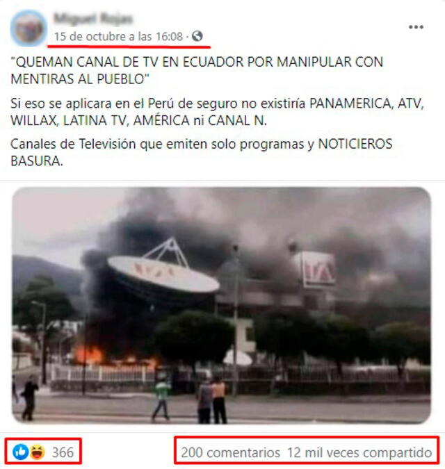 Posteo de octubre de 2021 que afirma que en Ecuador quemaron un canal de TV por manipular la información. FOTO: Captura de Facebook.