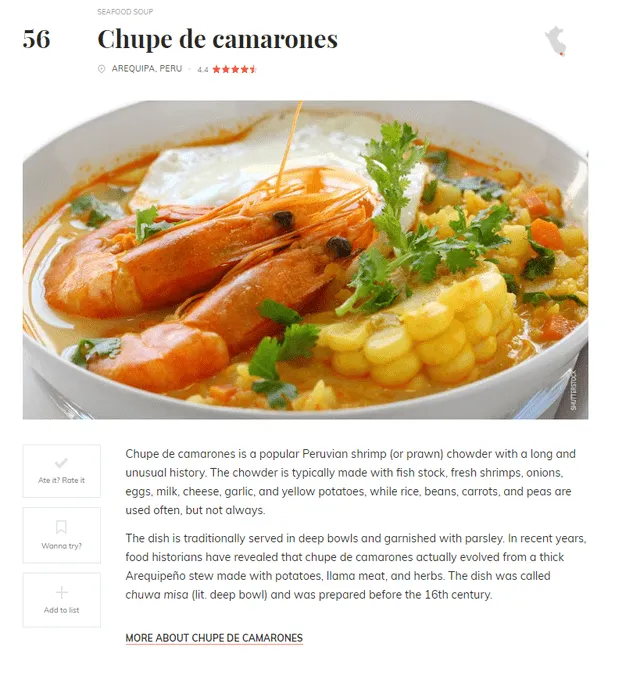  Así aparece el chupe de camarones en el ranking de Taste Atlas. Foto: Taste Atlas   