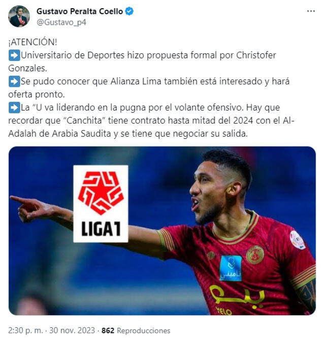  'Canchita' Gonzáles interesa a Universitario y Alianza Lima para la temporada 2024. Foto: captura X   