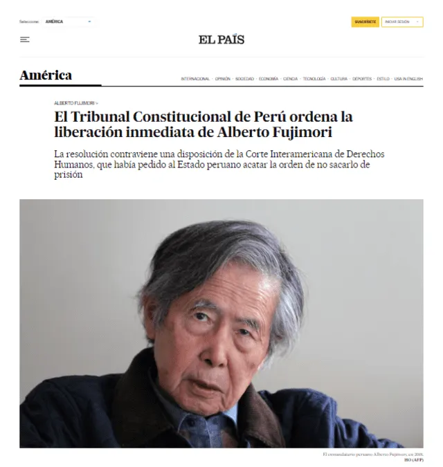  El País tituló: “El Tribunal Constitucional de Perú ordena la liberación inmediata de Alberto Fujimori”. Foto: El País/captura   