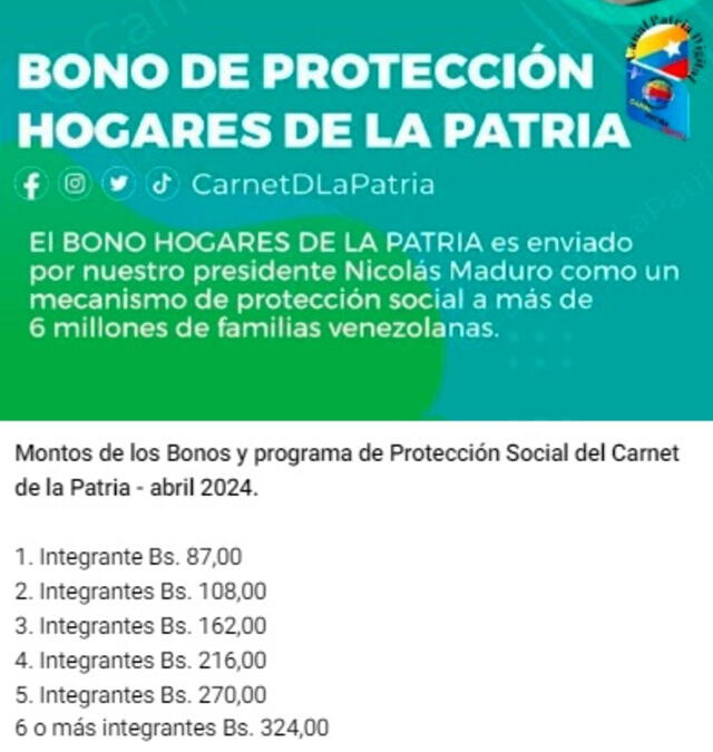 Anuncio del Bono Hogares de la Patria de abril 2024. Foto: Canal Patria Digital   