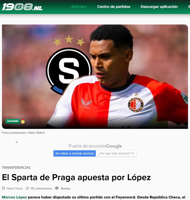 Sparta Praga sería el segundo club en Europa de Marcos López. Foto: captura de 1908.nl   