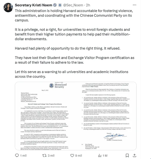  Kristi Noem on Harvard's enrollment of international students. Photo: @Sec_Noem/X   