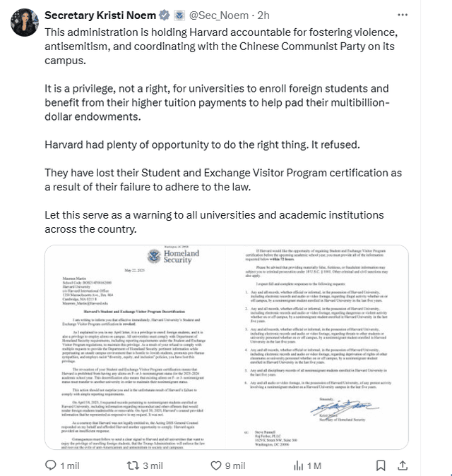  Kristi Noem on Harvard's enrollment of foreign students. Photo: @Sec_Noem/X   